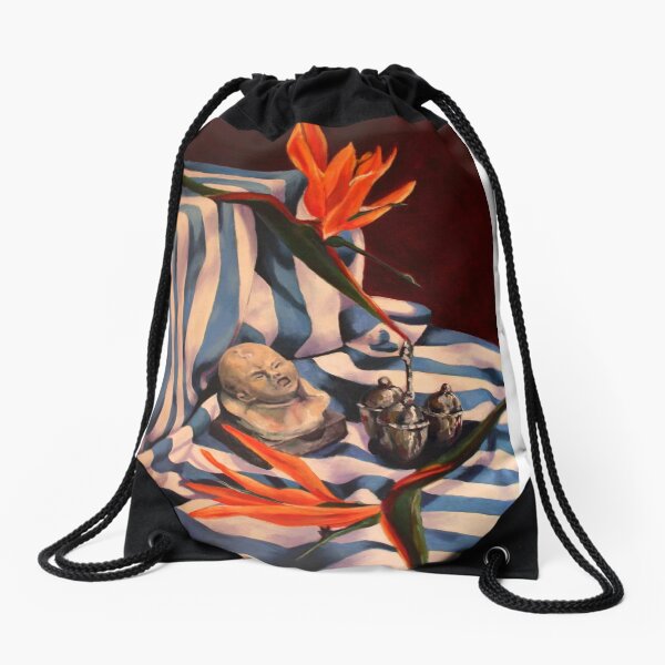 Orange Flowers and Blue Cloth Drawstring Bag