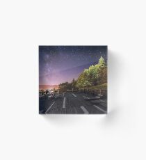 Night astrophotography: Panoramic view of Milky Way from a wooden platform. Nature landscape of mountain range and forest with universe space of milky way galaxy and stars on sky Acrylic Block