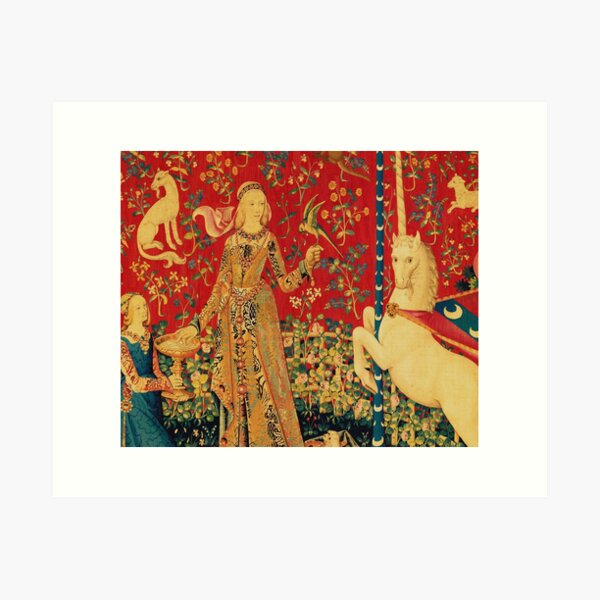 LADY AND UNICORN Taste Detail ,Red Green Fantasy Flowers,Animals Art Print