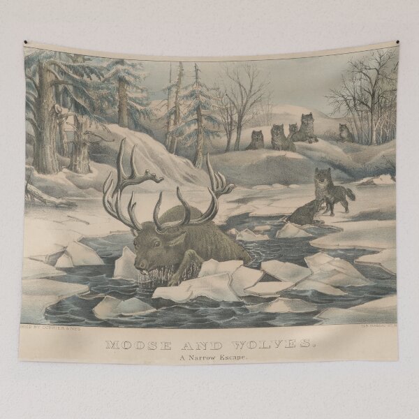 Item preview, Vintage Wolf Pack Hunting a Moose Illustration designed and sold by BravuraMedia.