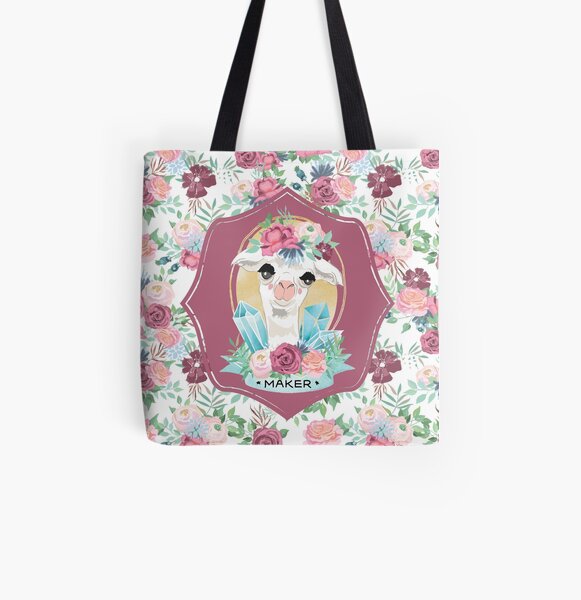 Flora the Alpaca Maker for Knitters, Crocheters, Cross Stitch, Sewists, All Craft Makers, Llama All Over Print Tote Bag