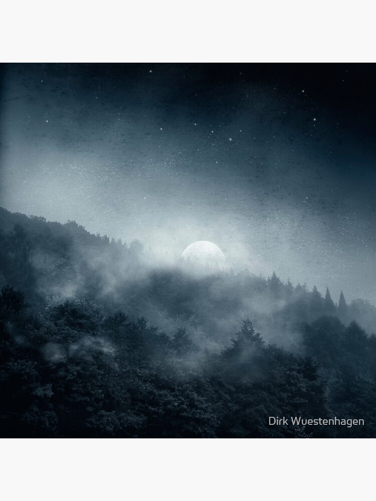 Thumbnail 4 of 4, Metal Print, Night Shadows - Moon Over Misty Forest at Night designed and sold by DyrkWyst.