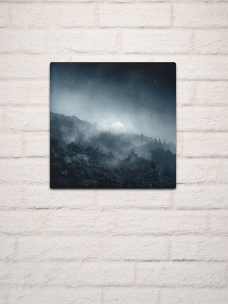 Thumbnail 2 of 4, Metal Print, Night Shadows - Moon Over Misty Forest at Night designed and sold by DyrkWyst.