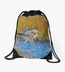Great Blue Heron Landing on Stump Drawstring Bag