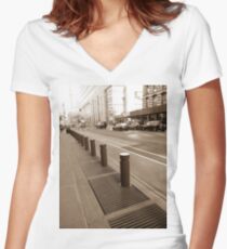 #Sidewalk #ZebraCrossing #NewYork #Manhattan #Brooklyn #NewYorkCity #architecture #street #building #tree #car Women's Fitted V-Neck T-Shirt