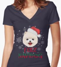 Pomeranian Christmas Feliz Navidog Women's Fitted V-Neck T-Shirt