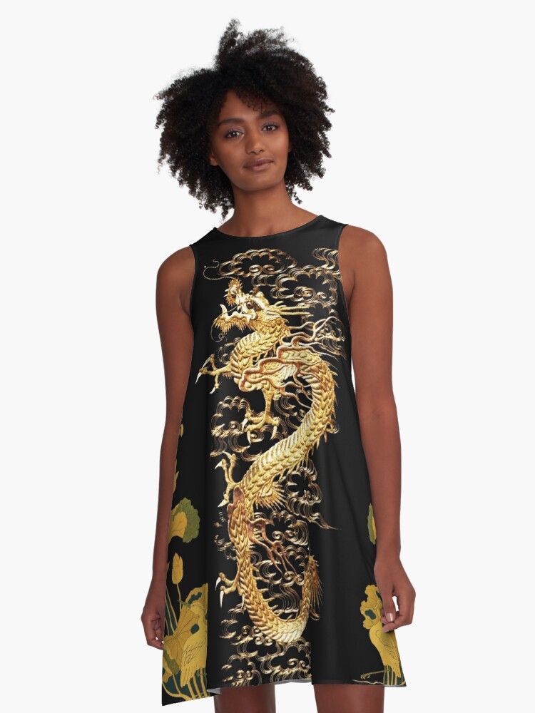 frisør i gang Credential GOLD DRAGON IN BLACK,Egret,Lotus,Green Gold Floral" A-Line Dress for Sale  by BulganLumini | Redbubble