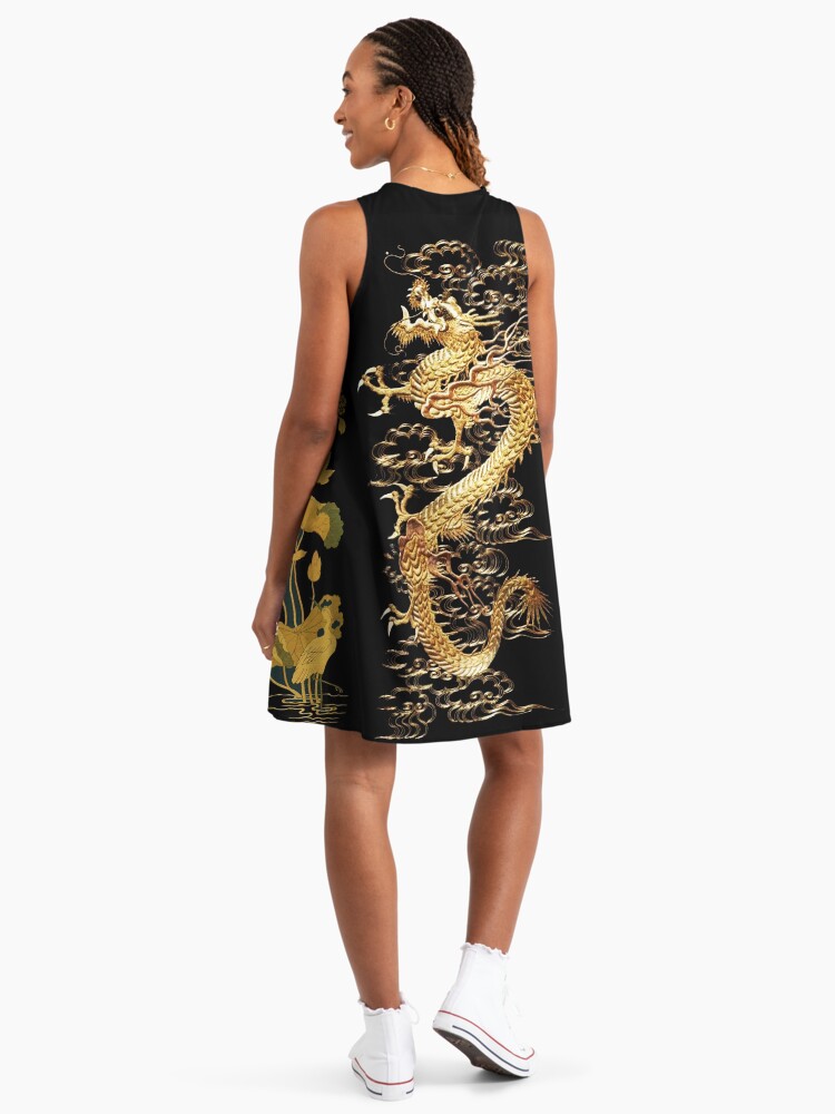 Gold Dragon In Black,Egret,Lotus,Green Gold Floral Dragons A-Line Dress Gold Dragon In Black,Egret,Lotus,Green Gold Floral Dragons A-Line Dress