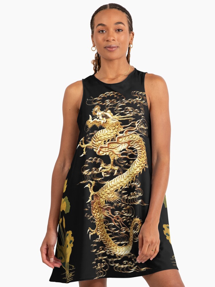 golden dragon dress Blue Qipao Dress – Gold Dragon Embroidered Chinese Dress main image 1