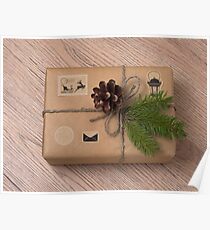 Christmas gift box wrapped in kraft paper. Poster