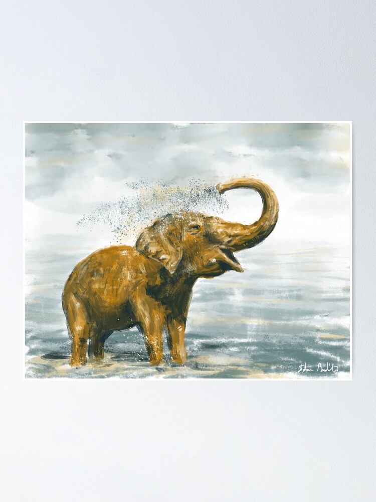 Poster Pintura Suelta De Un Elefante Bebe Tomando Una Ducha De Ibadishi Redbubble