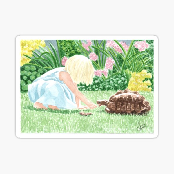 A cute little Girl and a pet tortoise in the garden/ family custom art Sticker