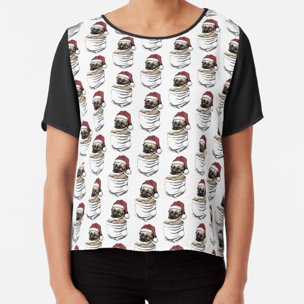 Cute Pocket Pug Puppy with Santa Hat Chiffon Top