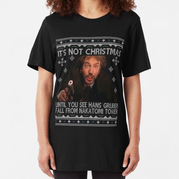 Die Hard Its Not Christmas Unil Hans Gruber Falls Off Nakatomi Tower Knit Pattern Slim Fit T-Shirt