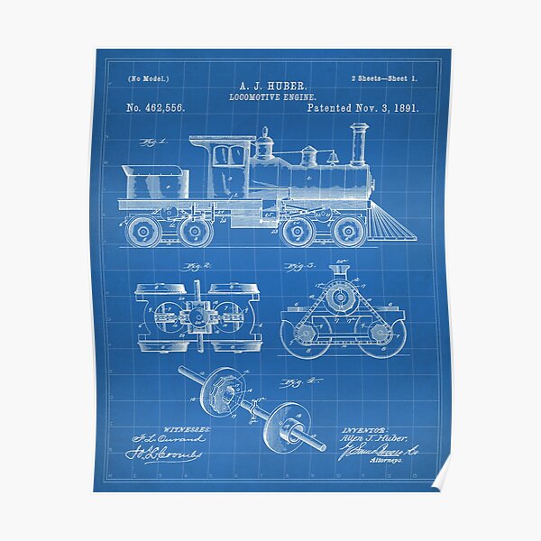 Train Locomotive Patent - Steam Train Art - Blueprint Poster