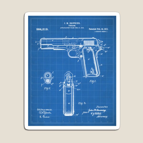 Colt Pistol Patent - Browning 1911 Colt Art - Blueprint Magnet