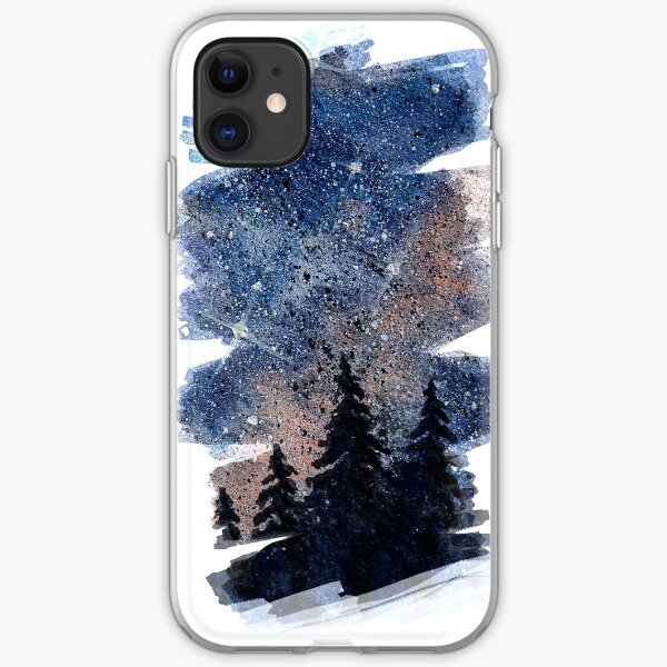 Watercolor pine forest and galaxy painting. Brush stroke version iPhone Soft Case