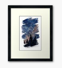 Watercolor pine forest and galaxy painting. Brush stroke version Framed Print