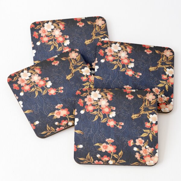 Item preview, PINK RED WHITE SPRING FLOWERS IN DEEP BLUE Japanese Floral designed and sold by BulganLumini.