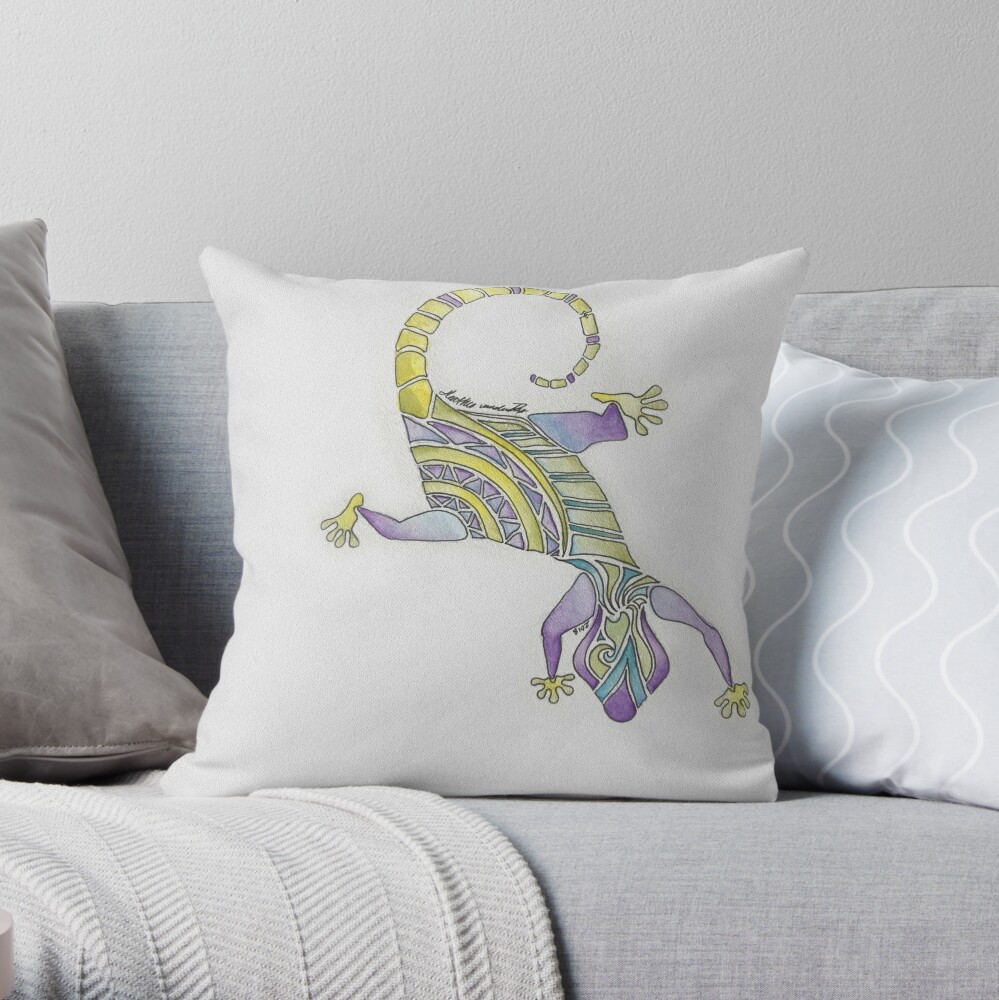 Watercolor Painted Mosaic Gecko Throw Pillow
