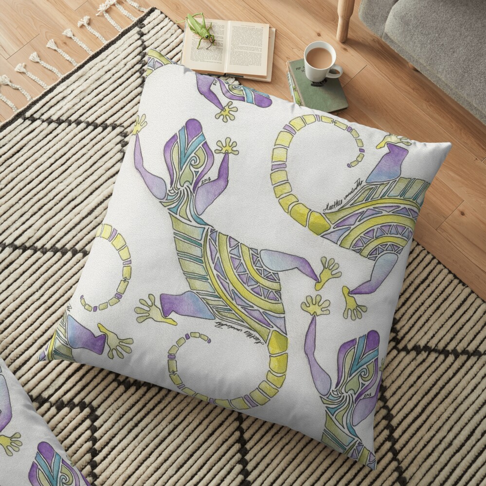 Watercolor Painted Mosaic Gecko Floor Pillow