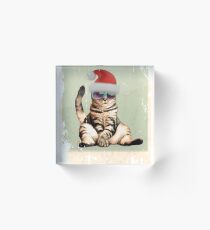 Distressed Funny vintage photo cat wearing a Christmas hat Acrylic Block