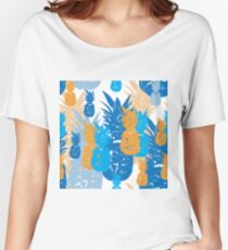 Pineapple Holiday-Fruit Delight. Seamless Repeat Pattern illustration.Background in Blue,Red and Grey Women's Relaxed Fit T-Shirt