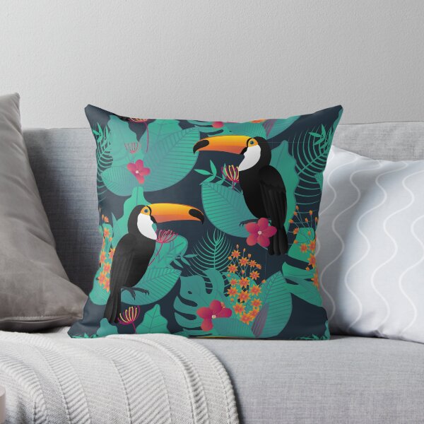 Toucan birds and tropical leaf Throw Pillow