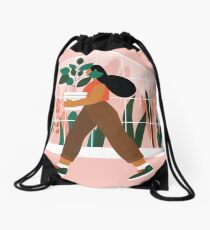 Beautiful girl with plant in pot Drawstring Bag