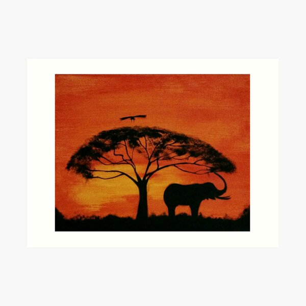 Beautiful African Sunset & Elephant Art Print