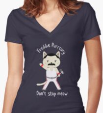 Don't Stop Meow! Cute Freddie Cat Women's Fitted V-Neck T-Shirt
