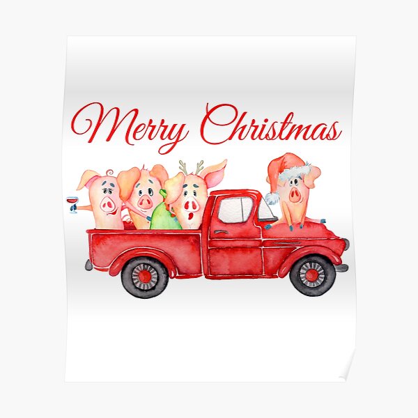 Red Pickup Truck with Cute Pigs - Year of the Pig 2019 Poster