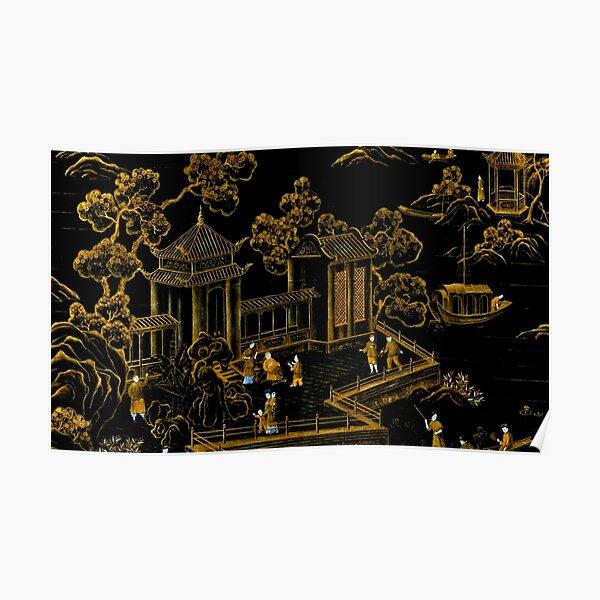 black and gold oriental silk pagodas Poster