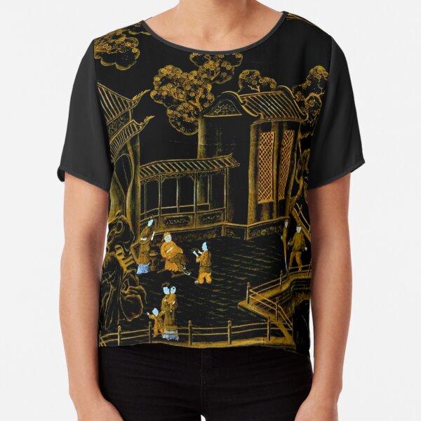 black and gold oriental silk pagodas Chiffon Top