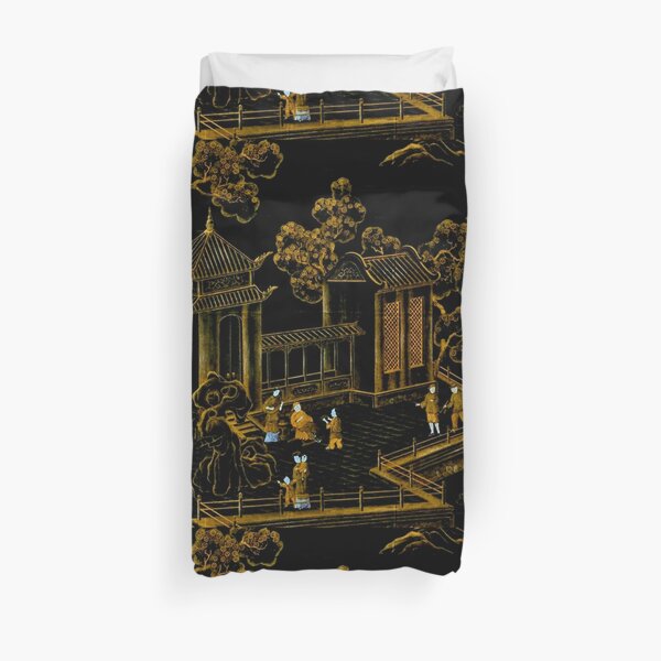 black and gold oriental silk pagodas Duvet Cover