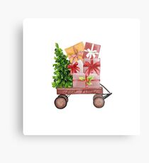Red Christmas Wagon with Tree and Presents Metal Print