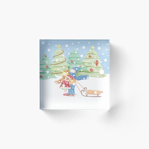 Kids in the Snow Retro Vintage Drawing Acrylic Block