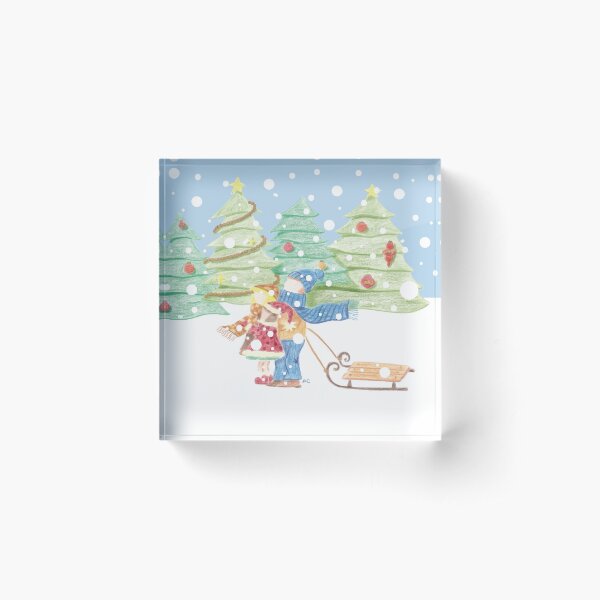 Kids in the Snow Retro Vintage Drawing Acrylic Block