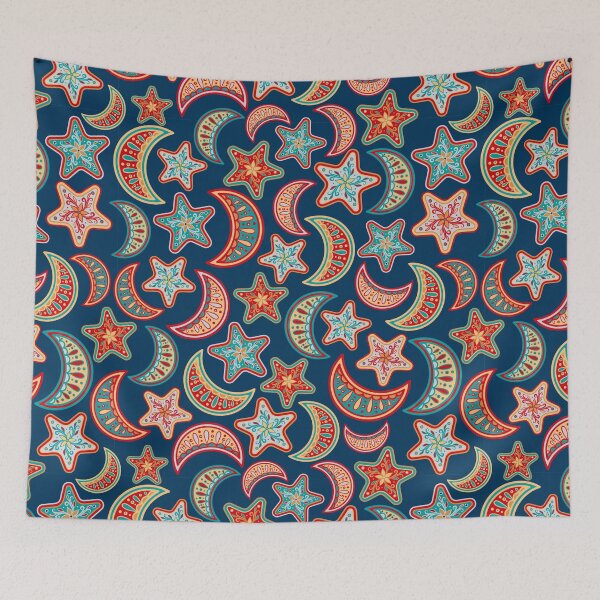 Item preview, Moons and stars in the blue sky. Ornaments, folk style. designed and sold by Skaska.