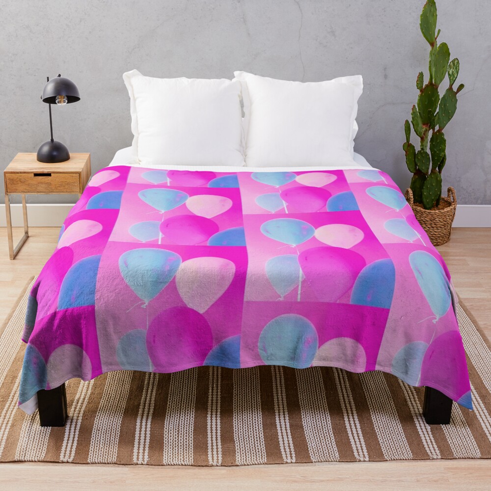 Balloony - Neon Pink Blue Balloons Art Throw Blanket