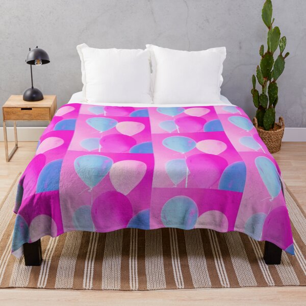 Balloony - Neon Pink Blue Balloons Art Throw Blanket