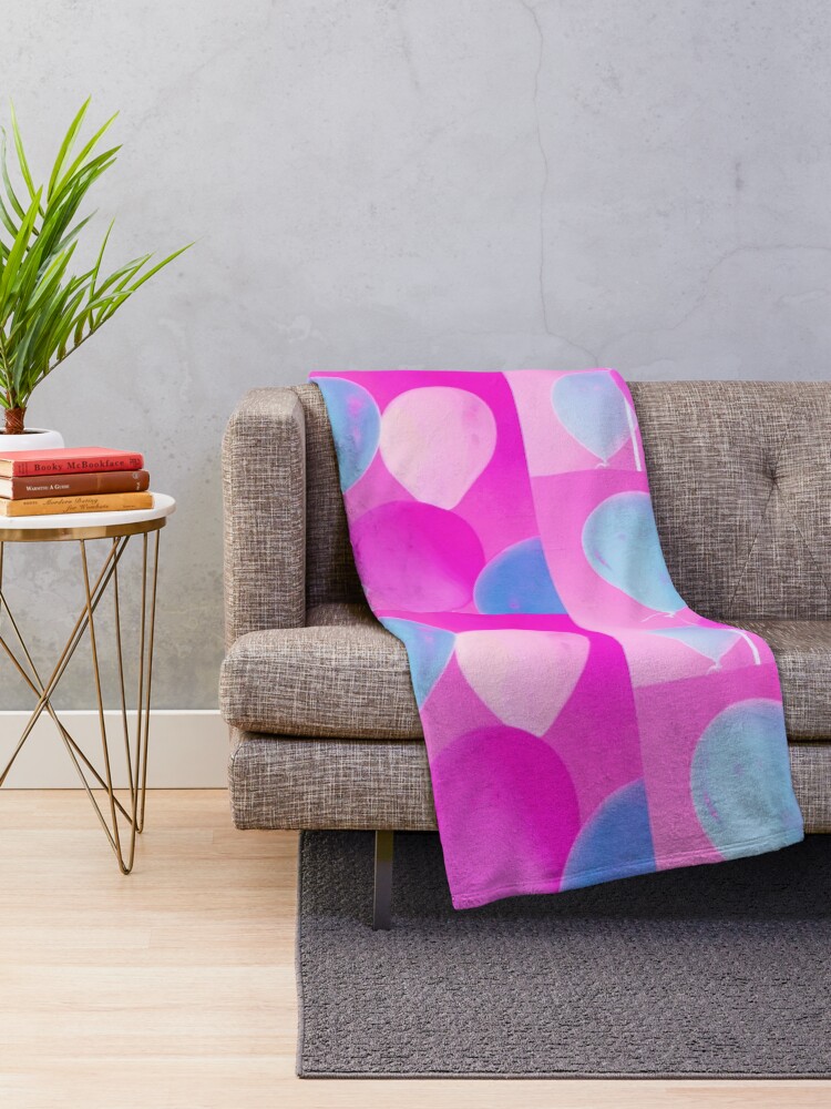 Alternate view of Balloony - Neon Pink Blue Balloons Art Throw Blanket
