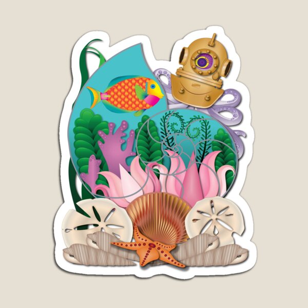Item preview, Fantasy Nautilus with Scuba Helmet Wearing Octopus, with Tropical Fish, Plants, and Seashells designed and sold by LeeTowleArt.