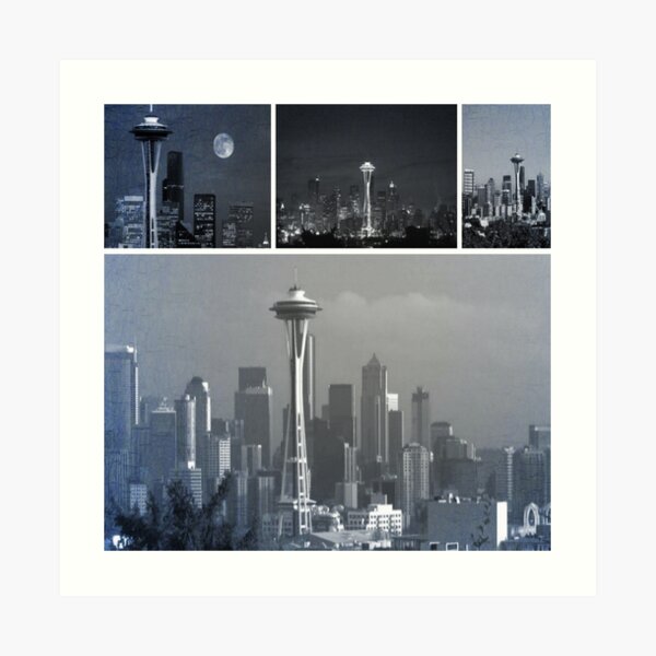 Grey Seattle Space Needle Collage Art Print