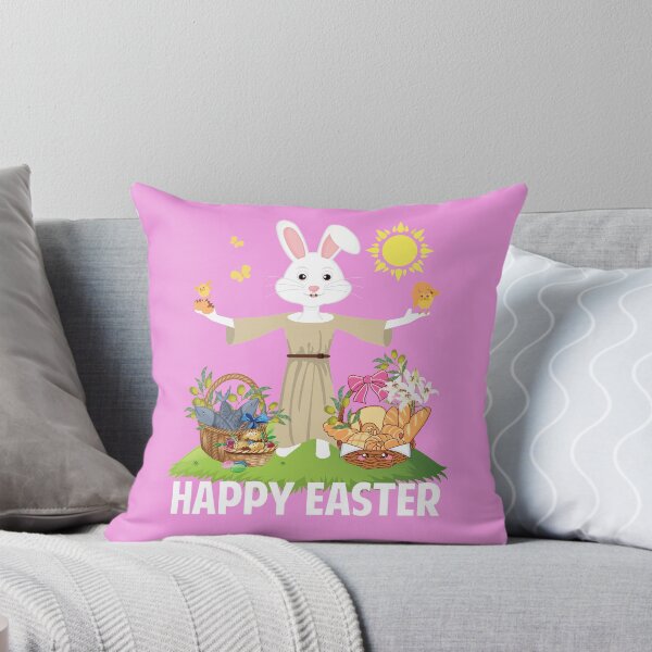 Item preview, HAPPY EASTER WHITE BUNNY RABBIT IN ROBE WITH BASKETS OF BREAD, FISH, OLIVES, EASTER EGGS, AND LILIES designed and sold by Jecolds.