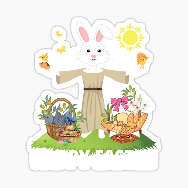 Item preview, HAPPY EASTER WHITE BUNNY RABBIT IN ROBE WITH BASKETS OF BREAD, FISH, OLIVES, EASTER EGGS, AND LILIES designed and sold by Jecolds.