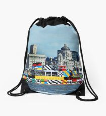 MV Snowdrop on River Mersey painted as a Dazzle Ship Drawstring Bag
