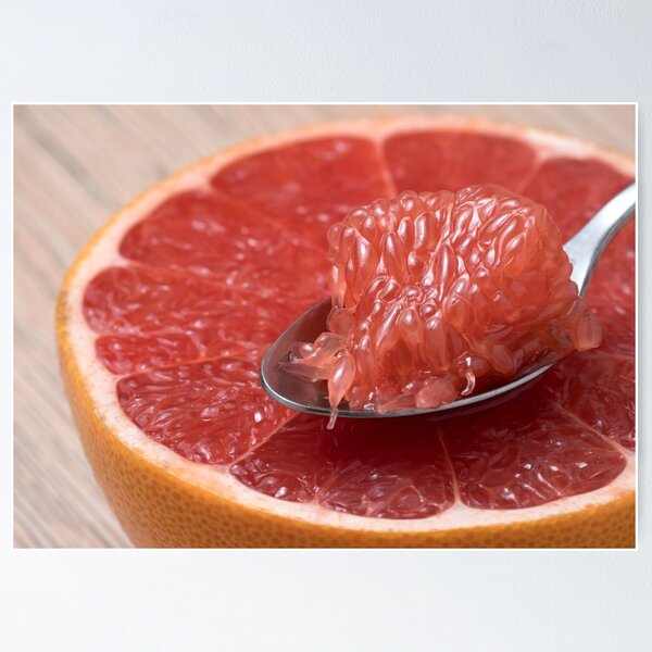 Item preview, Mitad del pomelo rojo maduro jugoso con la rebanada en una cuchara. designed and sold by vkph.