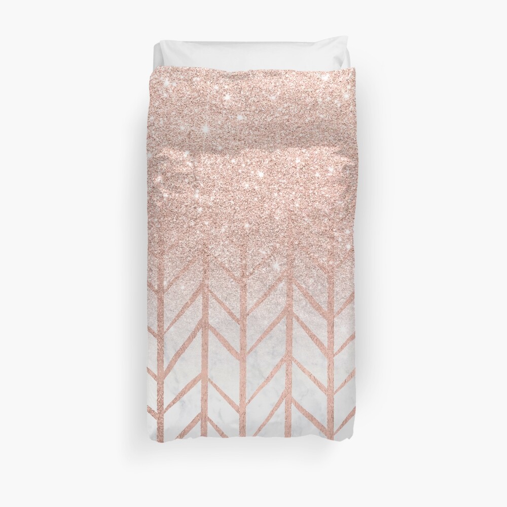 Modern rose gold glitter ombre herringbone chevron pattern on white marble Duvet Cover