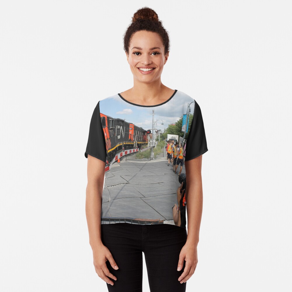 #Train, #railway, #railroad, #locomotive, #station, #transportation, #transport, #rail, #travel, #track, #engine, #diesel, #red, #platform, #old, #steam, #traffic Chiffon Top